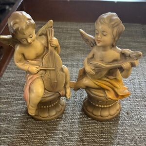 Vintage Resin Angel Figurines with Instruments set of 2. Made in Japan
